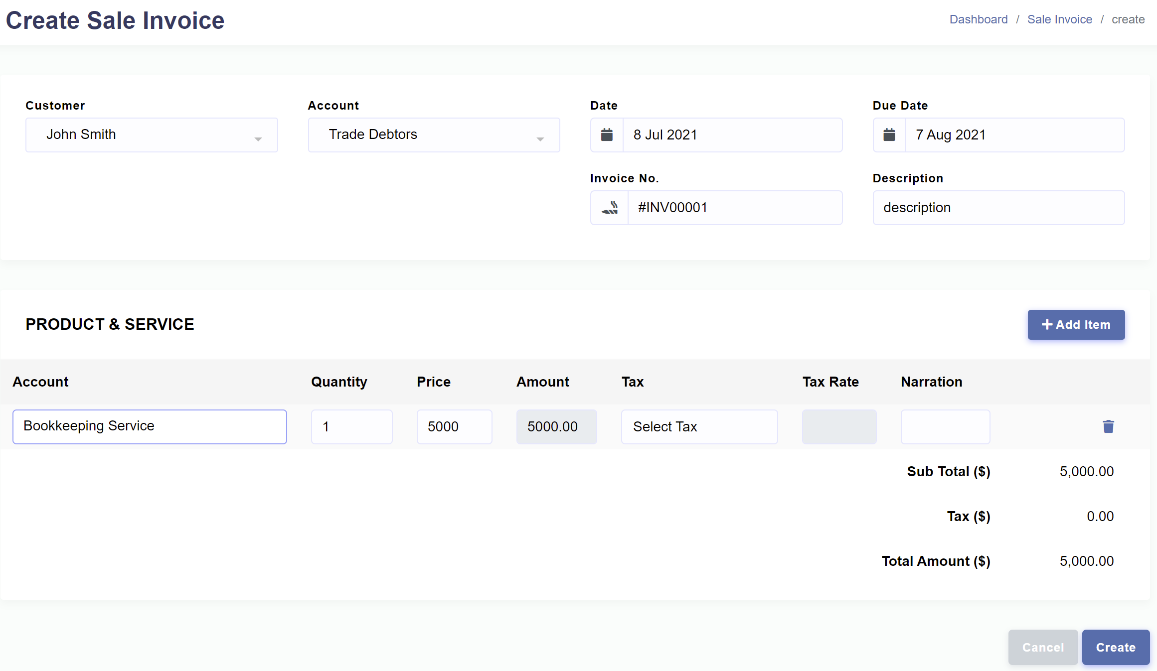 Income > Cash Sale Journal > Create Sale Invoice